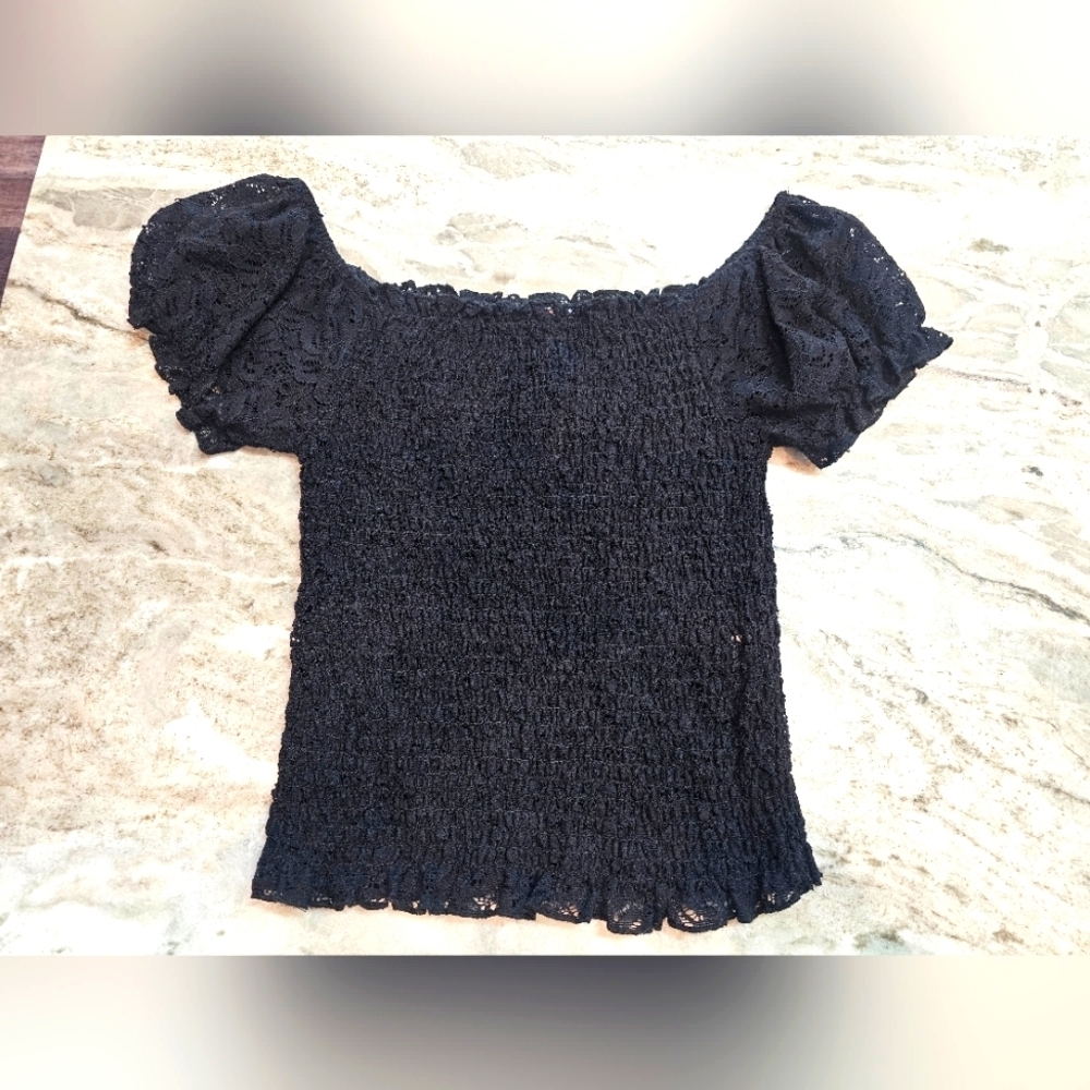 Orange Kiss Smocked Black Lace Puff Sleeve Top - Size Medium